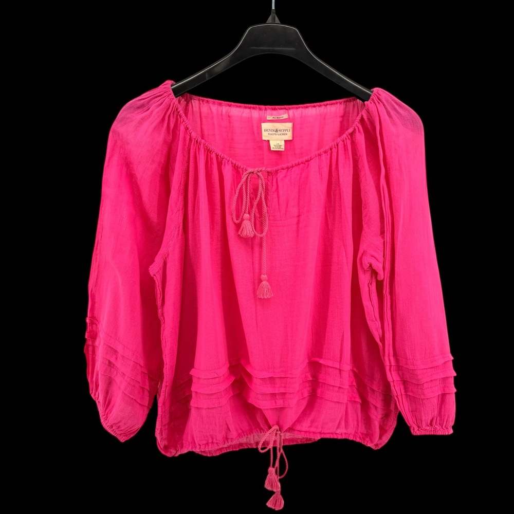 Denim & Supply Ralph Lauren Peasant Top Women Large Pre-Owned Blouse Pink Tassel